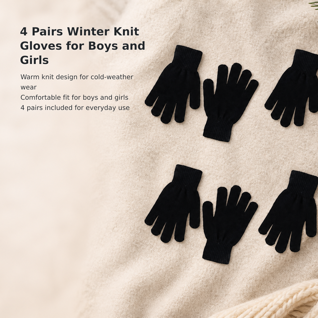Kids’ Warm Stretch Knit Winter Gloves, 4 Pairs