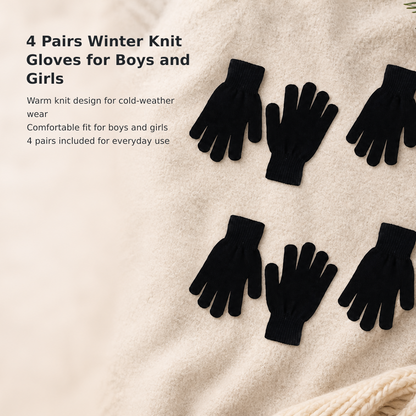 Kids’ Warm Stretch Knit Winter Gloves, 4 Pairs
